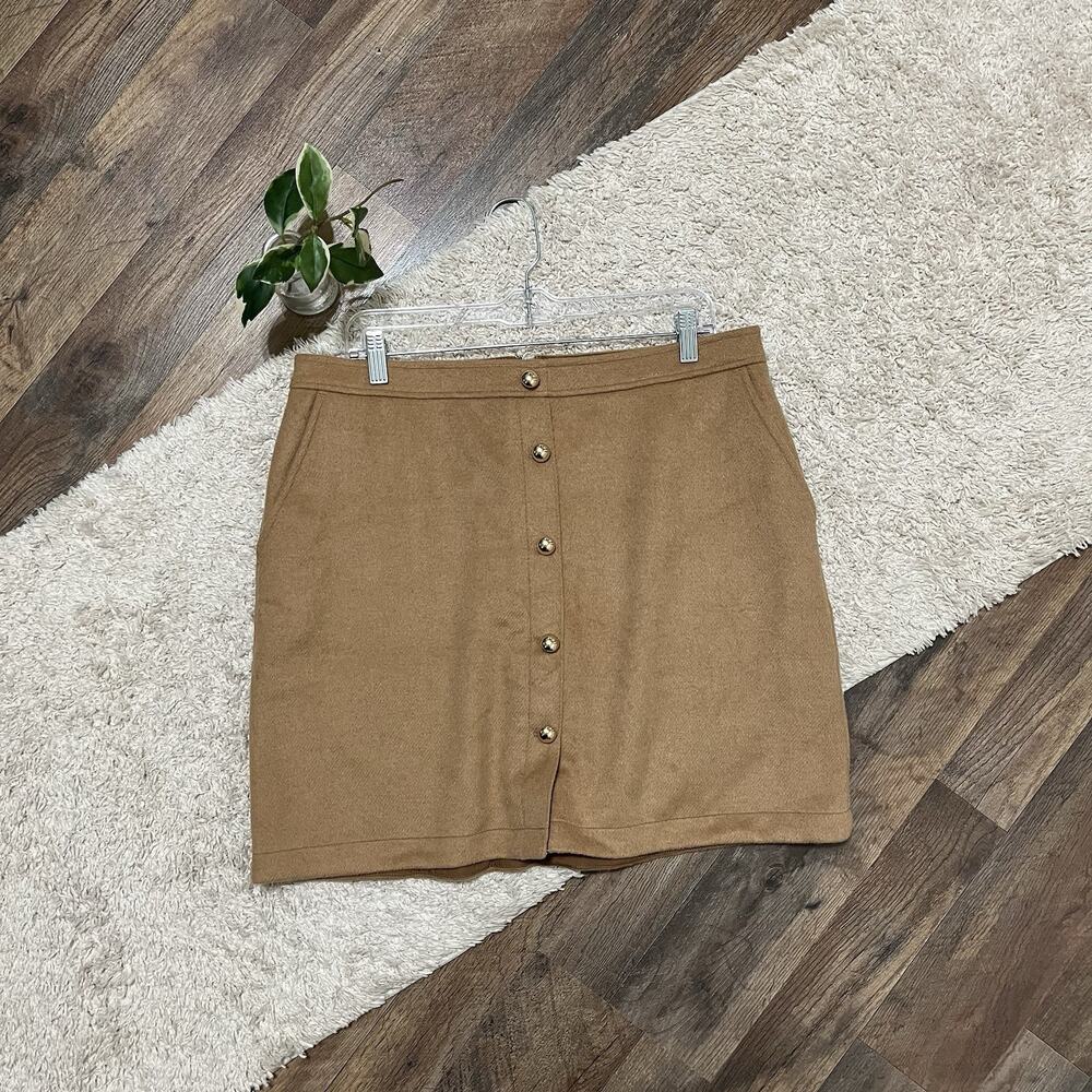 LOFT Size 14 Petite Brown Wool Blend Gold Tone Button Front Wooly Mini Skirt NWT
